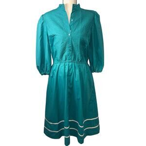 VNTG 80s Sunshine Alley Prairie Dress Teal Smocked Pintuck Puff Sleeve Dress 12